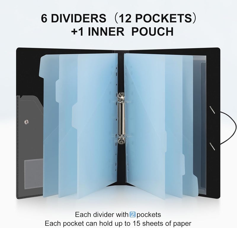 Uquelic 3 Ring Binder 1 Inch with Dividers, 6 Pocket Folders (12 Pockets) & Clear Pouch, Elastic Closure Refillable PP Folder with Ocean Decor for Letter Size, School, Office - Blue Inner Pages - Image 5
